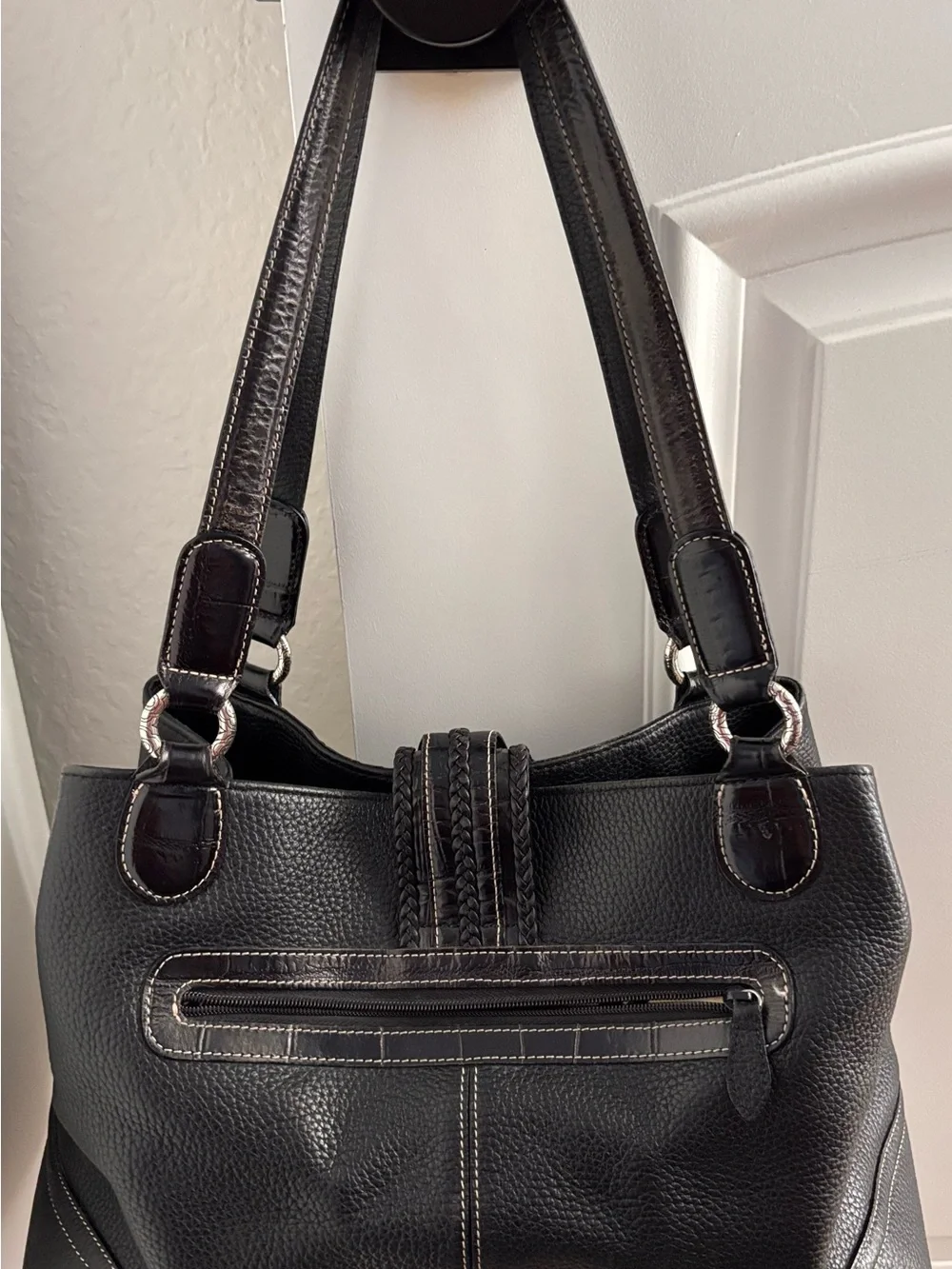 Brighton Black Croc-Accent Shoulder Bag with Silver Buckle